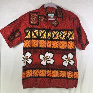 Vintage Penneys Hawaii Red Floral Shirt Mens Medium Tribal Aloha Button Up 60s